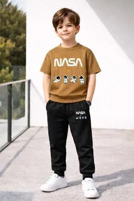 2 Pcs Boy's Comfortable Polyester Printed Tracksuit - Brown, 11-12 Years