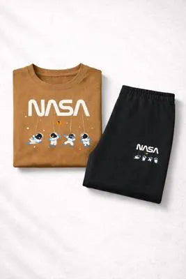 2 Pcs Boy's Comfortable Polyester Printed Tracksuit - Brown, 11-12 Years