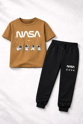 2 Pcs Boy's Comfortable Polyester Printed Tracksuit - Brown, 11-12 Years