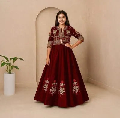 Elegant Girls' Maroon Silk Embroidered Maxi Dress with Matching Jacket - 2 Piece Set