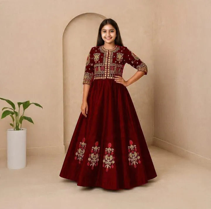 Elegant Girls' Maroon Silk Embroidered Maxi Dress with Matching Jacket - 2 Piece Set