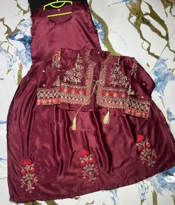 Elegant Girls' Maroon Silk Embroidered Maxi Dress with Matching Jacket - 2 Piece Set