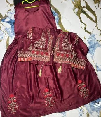 Elegant Girls' Maroon Silk Embroidered Maxi Dress with Matching Jacket - 2 Piece Set
