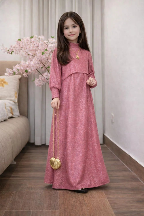 2 Pcs Girls' Grip Silk Textured Maxi Dress & Jacket Set with Locket - Ages 3-12 Years